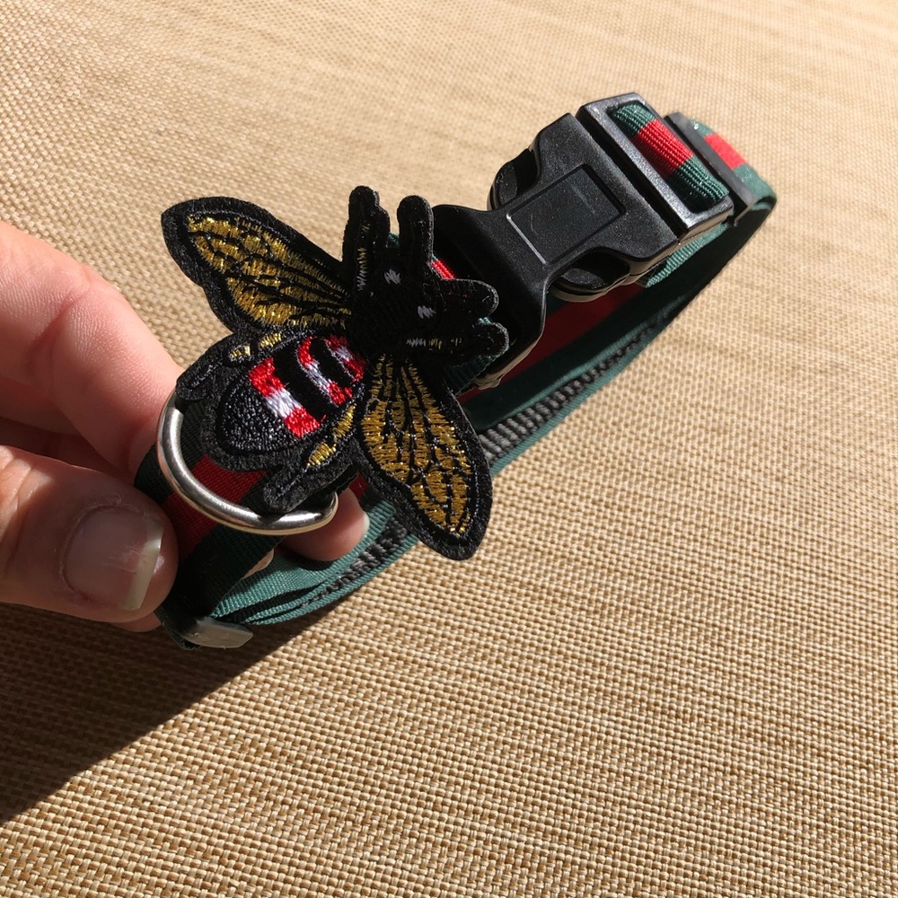 Luxury bee striped ribbon collar medium Pet dog cat bug embroidered gift xmas - Picture 6 of 6